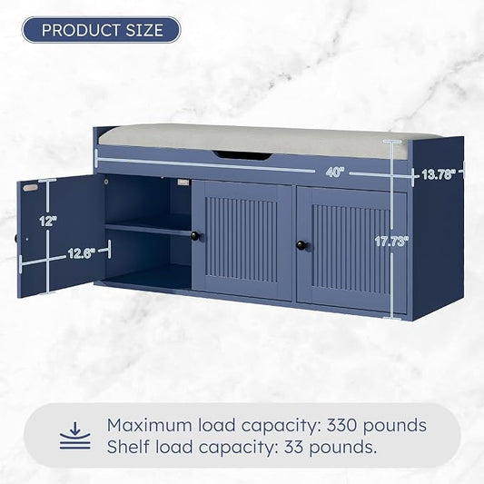40" Storage Bench - Entryway Shoe Bench with 3 Doors and Top Storage Area, Multifunctional Entryway Bench with Lift Top Cushion, Shoe Storage Bench for Bedroom, Living Room, Navy Blue