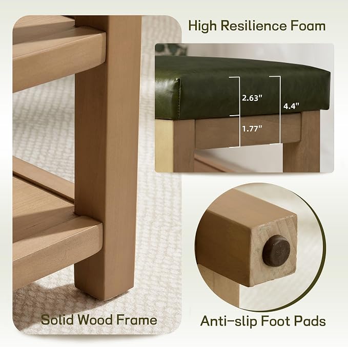 Zihanhome Shoe Rack Bench with Leather Cushion, 2 Tier Solid Wood Storage Bench, Mid-Century Modern Shoe Bench for Entryway, Hallway, Closet, Front Door Entrance, Foyer (Green, 31.5)