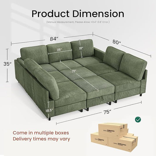 KKL Modular Sectional Sofa Bed - Sofabed with Storage Ottoman, Convertible L/U-Shaped Sleeper Couch for Living Room, Modern Reversible Design, Green