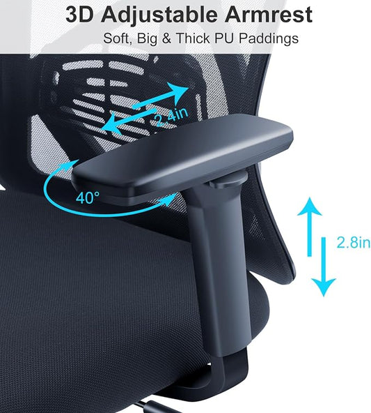 Ticova Ergonomic Office Chair - High Back Desk Chair with Adjustable Lumbar Support & 3D Armrest - 130°Reclining & Rocking Mesh ComputerChair with Thick Seat Cushion & Rotatable Headrest
