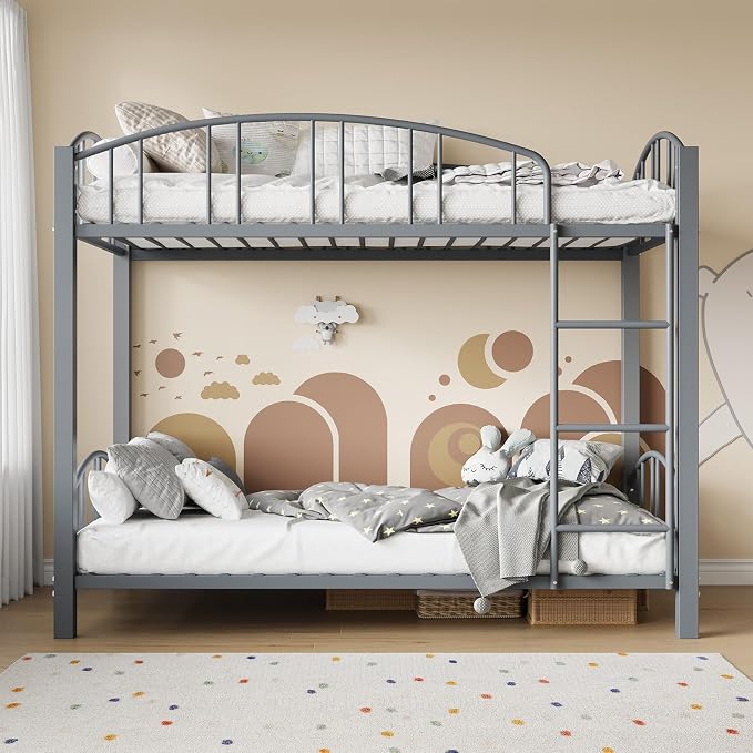 IDEALHOUSE Twin Over Twin Bunk Bed Frame, Twin Bunk Bed Frame with Heightened Arched Guardrail and Safety Ladder, Sturdy Steel Bed for School, Bedroom, Easy Assembly, Modern Matte Gray