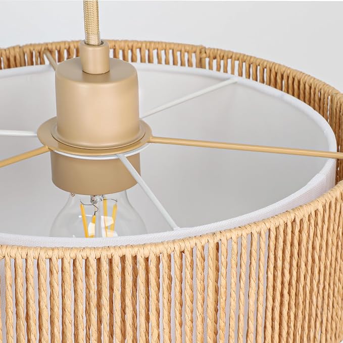 Qingmiao Boho Plug in Pendant Light, Rattan Hanging Lamp Plug in with Woven Shade, 3-Way Dimmable Hanging Light Fixture for Living Room Bedroom Kitchen Ceiling Home Decor