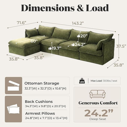 Cloud Modular Sectional Sofa, Oversized Deep Seat Comfort, Luxe Chenille | Fully Removable Washable Covers, Memory Foam Seat Cushions, Storage Ottoman, Premium Fabric