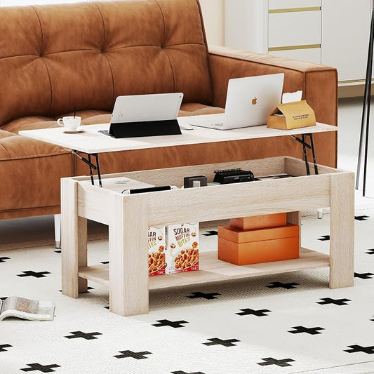 FDW Lift Top Coffee Table with Lift Tabletop Hidden Compartment and Storage Shelf Wooden Living Room Table for Home Reception Room Office,Nature
