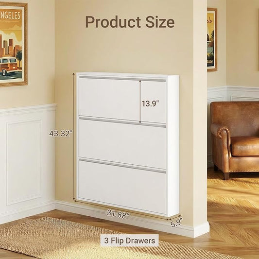 Shoe Cabinet with 3 Flip Drawers, Slim Metal Wall-Mounted Shoe Storage Organizer for Entryway, Hallway, Mudroom, Hidden Narrow Rack, White