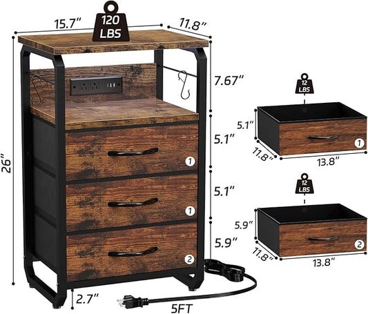 runjuly Night Stand with Charging Station, LED Nightstand with 3 Fabric Drawers and Hooks, Small End Table with Light and USB C Port, Storage Side Table for Bedroom, Rustic Brown