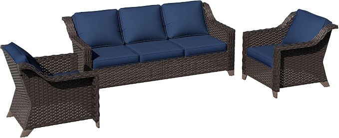 3 Pieces Patio Conversation Furniture Set - 1 Sofa, 2 Armchairs, Outdoor Wicker Furniture with Removable Cushions for Porch, Balcony, Sunroom (Blue)