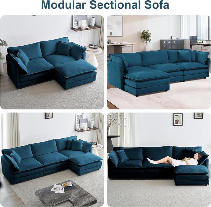 Modular Sectional Sofa with Ottoman, 76.7" Modern L Shaped Sectionals Cloud Couch, Comfy Couch Loveseat, 3 Seat Chenille Deep Seat Sofa with Pillow for Living Room, Bedroom Apartment,Small Spaces-Blue