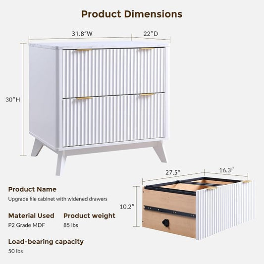 T4TREAM 2 Drawer File Cabinet, 32" Fluted Lateral File Cabinet w/Files Hanging Rod for Letter/Legal/A4, Large Tabletop for Printer, Office Wood Printer Cabinets, White (Gen 2)