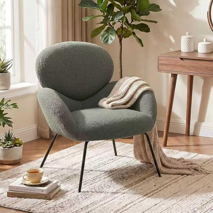 Small Accent Chair Set of 2,Sherpa Chair with Love Back, Boucle Chairs with Metal Legs, Comfy Modern Reading Chairs/Sherpa Accent Chair with Thick High-Elastic Sponge/Cream Style Room (Green)