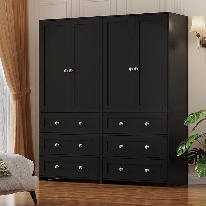 VOWNER Armoire Wardrobe Closet with Drawers and Mirror, 71" Clothing Storage Cabinet with Hanging Rod, 2 Doors Wooden Wardrobe Cabinet for Bedroom, Large Capacity Storage