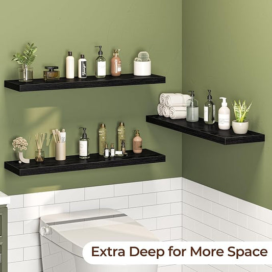 Fun Memories Floating Shelves for Wall 36 Inch Set of 3, Farmhouse Floating Shelves with Invisible Heavy Duty Bracket, 10 Inch Deep Bathroom Shelves for Storage, Living Room, Kitchen, Decor, Black