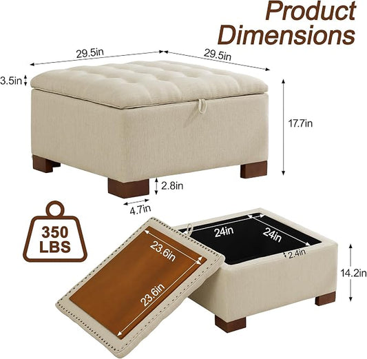 WUTUTUEE 30" Fabric Square Storage Ottoman with Wooden Tray, Modern Tufted Button Footstool Coffee Table, Upholstered Large Ottoman for Living Room, Bedroom, Khaki