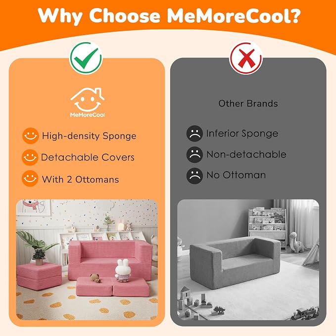 MeMoreCool Pink Corduroy Kids Play Couch, Modular Toddler Couch for Girl's Bedroom, Convertible Foam Kids Sofa Fold Out, Washable Cover, Playroom Furniture for Girls Ages 1-5