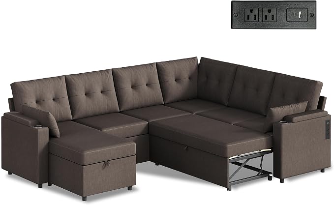WLIVE 110'' Sectional Couches for Living Room, Pull Out Couch, U Shape 7 Seat Sleeper Sofa with Storage Chaise and Pillows, Removable Sofa Cover, Cups Holders, USB Charging Station, Brown