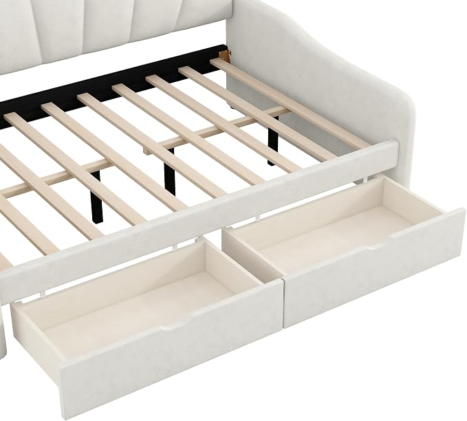 Merax Full Size Modern Upholstered Sofa Day Bed with Shall Shaped Backrest & Storage Drawers, Mutifunction Platform Bed with Wood Slat Support,Velvet Storage Bed Frame with Headboard/Twin, White