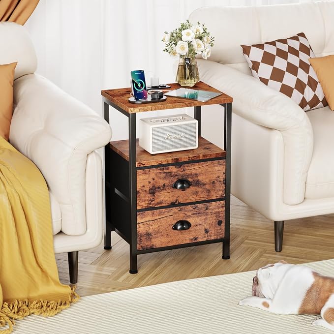 Furologee Nightstands Set of 2 Charging Station, End Tables with LED Lights, Nightstands with 2 Fabric Drawers and Shelves, Bedside Tables for Living Room/Bedroom,Rustic Brown