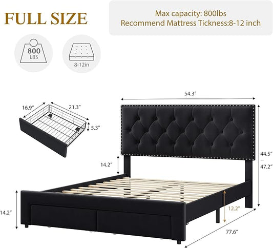 GarveeHome Full Size Bed Frame with Storage Drawers — Velvet Upholstered Platform Bed with Vintage Headboard, Wooden Slat Support, Noise-Free, No Box Spring Needed, Beige
