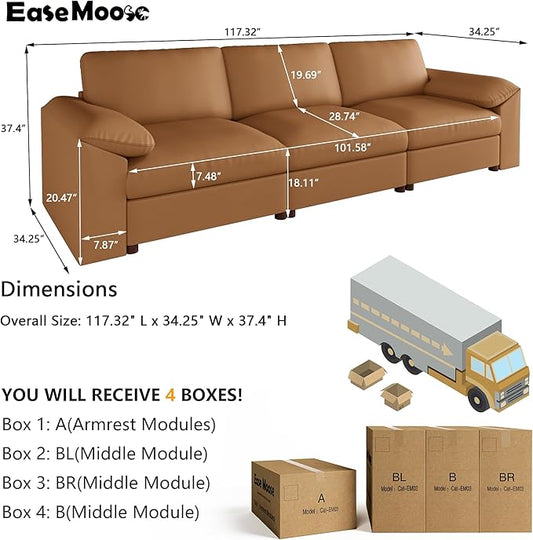 EASE MOOSE Deep Seat Sectional Couch, Scratch Resistant Faux Leather Material, 3-Seat Oversized Modular Sofa for Living Room,Modern Comfy Sofas for Small Spaces, Brown