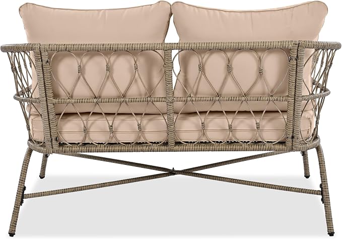 VilroCaz Bohemia-Inspired 4-Person Outdoor Seating Group with Loveseat, 2 Chairs and Table, All Weather Conversation Patio Set with Wood Tabletop and Washable Cushions for Backyard Poolside Garden