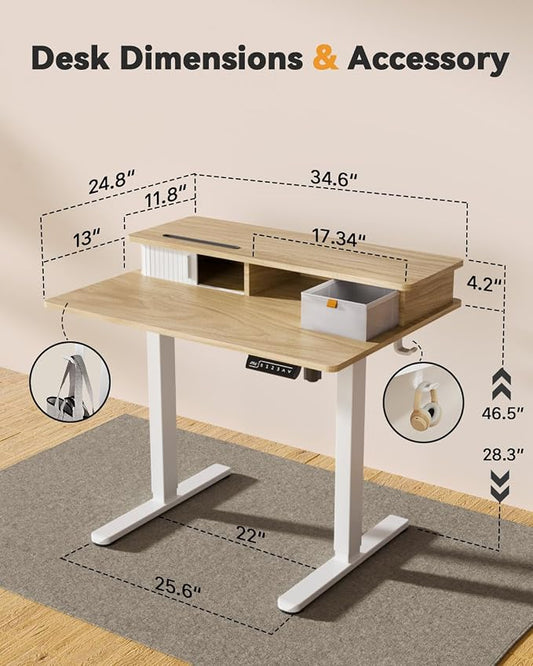 JOY worker Small Electric Standing Desk, 35" x 25" Height Adjustable Desk with Built-in Monitor Stand & Storage Drawer, White Sit Stand Desk with 2 Hooks for Home Office, Light Walnut