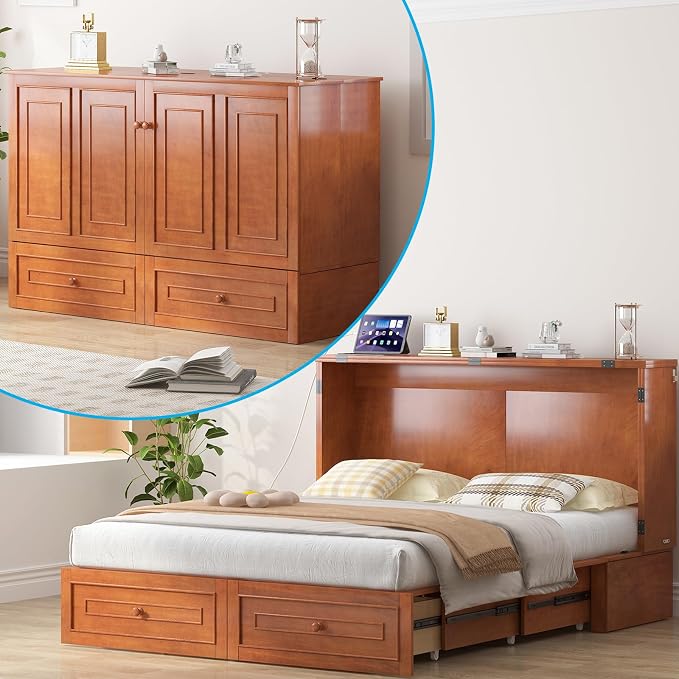 Mjkone 63.5" W Murphy Bed Cabinet Queen Size, Modern Cabinet Bed with USB Charging Station & Drawers, Murphy Beds for Living Room Apartment, Easily Convertible, Cherry