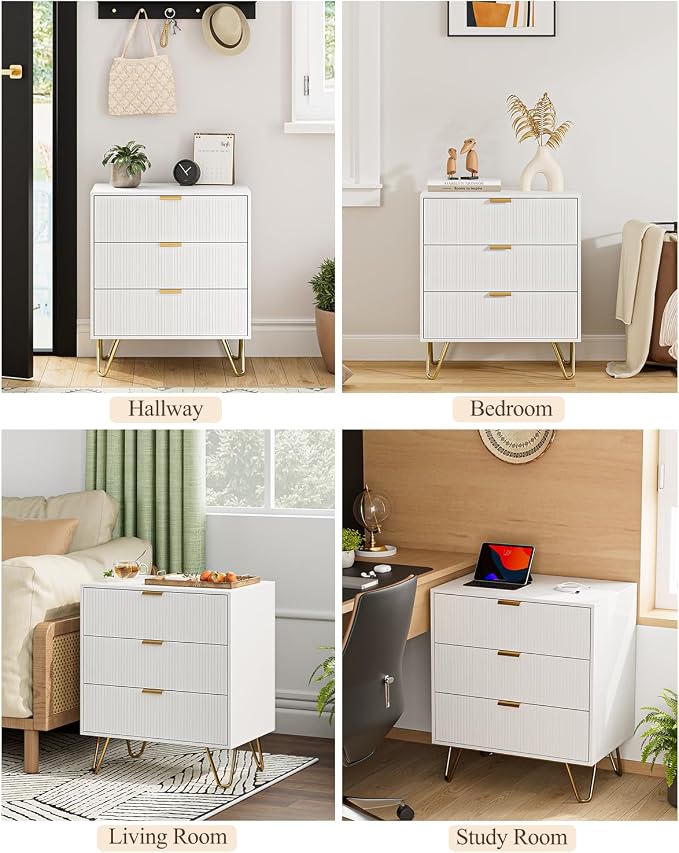 Fluted 3 Drawer Dresser for Bedroom, Modern Storage Bedroom Dresser Chest Cabinet Organizer with Anti-Tip Hardware for Living Room, Dressing Room, Kids Room, Office (White)
