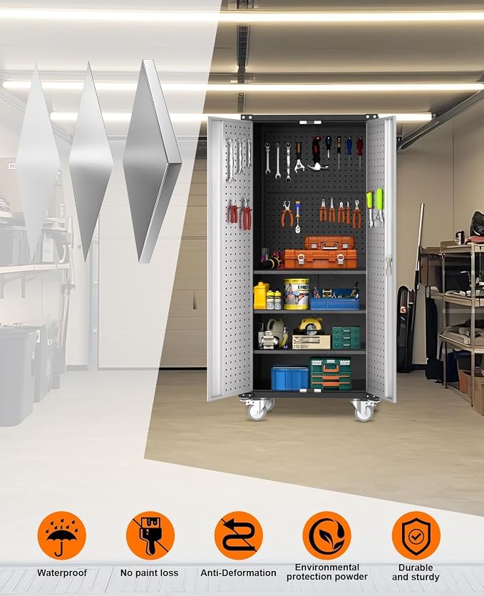 Garvee Cabinet Metal Storage Cabinet with Wheels, Heavy Duty Steel Rolling Organizer with Lockable Doors, Adjustable Shelves, Utility Garage Cabinet for Home, Office, Workshop, Laundry Room, Kitchen