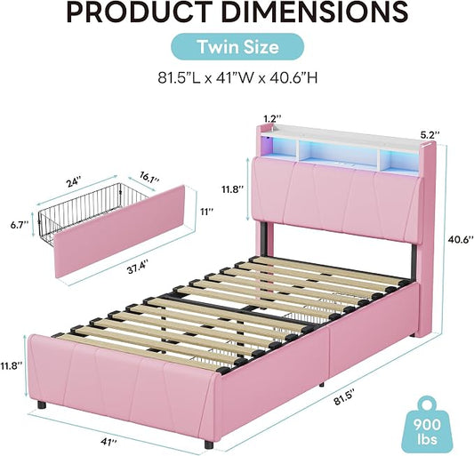 LIKIMIO Twin Bed Frame with 2 Storage Drawers, Charging Station & LED Lights, Upholstered Platform Twin Bed with Storage Headboard, Strong Wooden Slats, No Box Spring Needed, Easy Assembly, Pink