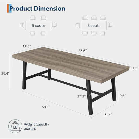 GarveeHome Industrial Dining Table for 8-10 People, 86.61" Long Kitchen Table with Sturdy Metal Frame, Rectangular Counter for Dinner, Kitchen, Dining Room (Grey Walnut, 87" Non-extendable)