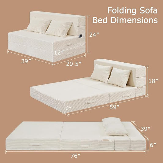 Folding Sofa Bed, 4 in 1 Convertible Sleeper Chair with Pillow, Twin Memory Foam Fold Out Chair Bed, Modern Floor Futon Sofa Couch Mattress for Living Room/Guest/Apartment, Beige