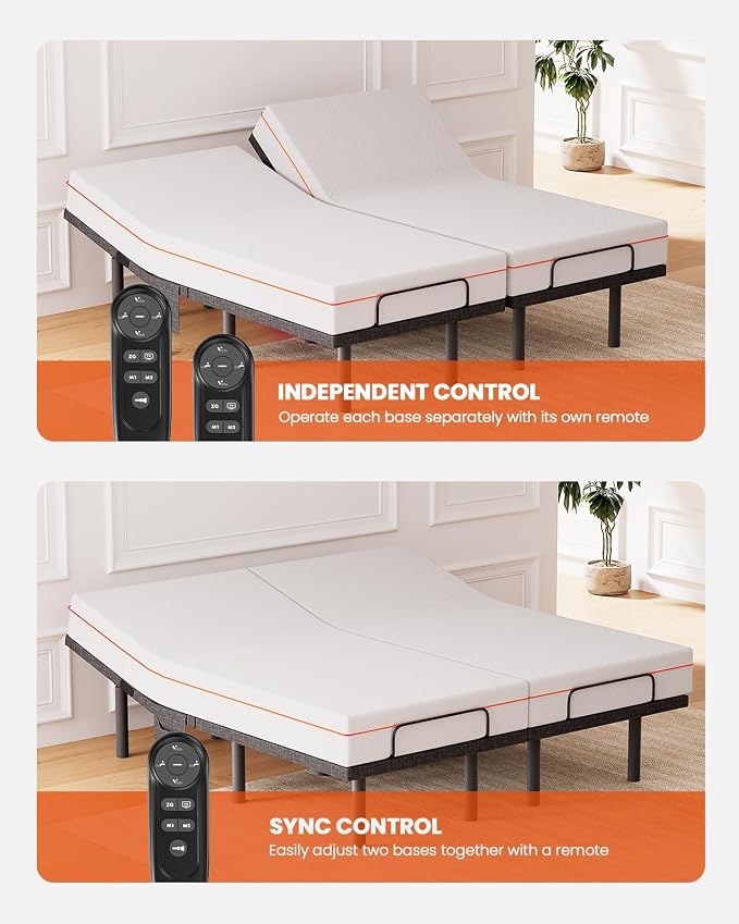AMADA HOMEFURNISHING Adjustable Bed Frame, Split King Adjustable Bed Base with 4 USB Ports & Under-Bed Nightlight, Head & Foot Incline, Electric Bed Frame with 4 Height Options