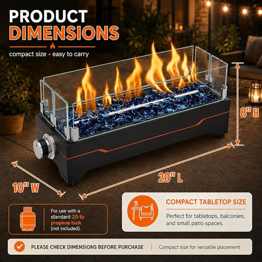 GRISUN Tabletop Fire Pit,20 Inch Propane Fire Pit Table,40000 BTU Table Top Firepit with Glass Wind Guard,Stainless Steel Burner,Fire Glass,Portable Propane fire Pit for Patio, Camping, Backyard & RV