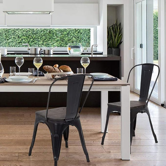 FDW | Metal Dining Chairs with Wooden Seat | Set of 4 | Black | Stackable Tolix Side Chairs with Backrest | Scratch-Resistant | Non-Slip Feet | Indoor/Outdoor Use | 330 lbs | for Dining & Kitchen