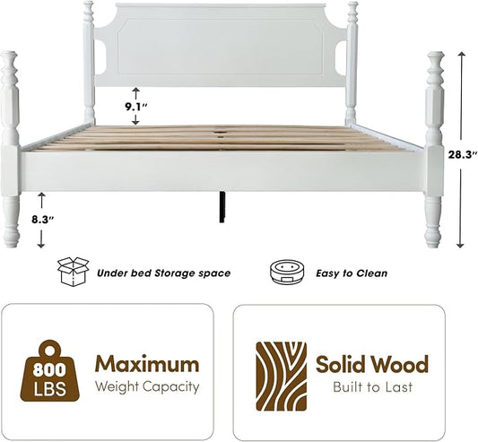 Solid Wood Queen Size Platform Frame, Headboard & Footboard, No Box Spring Needed, 12 Wooden Slats, Center Metal Legs, Slip-Free, Simple Assembly, Under Bed Storage, Pure White Finish, ROQ-39