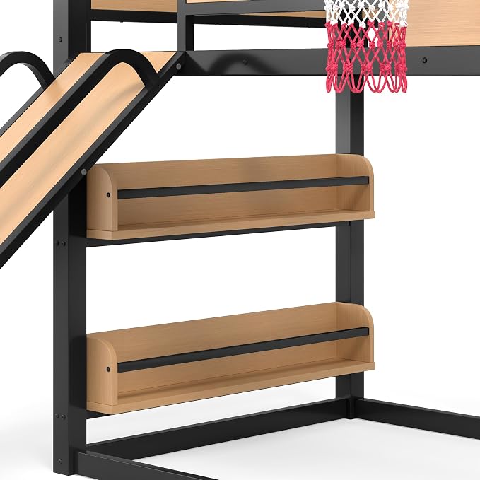 Harper & Bright Designs Heavy Duty Metal Bunk Bed with Slide and Basketball Hoop, Twin XL Size Bunk Bed with Bookshelf and Pull-up Rings for Bedroom, Black+Yellow