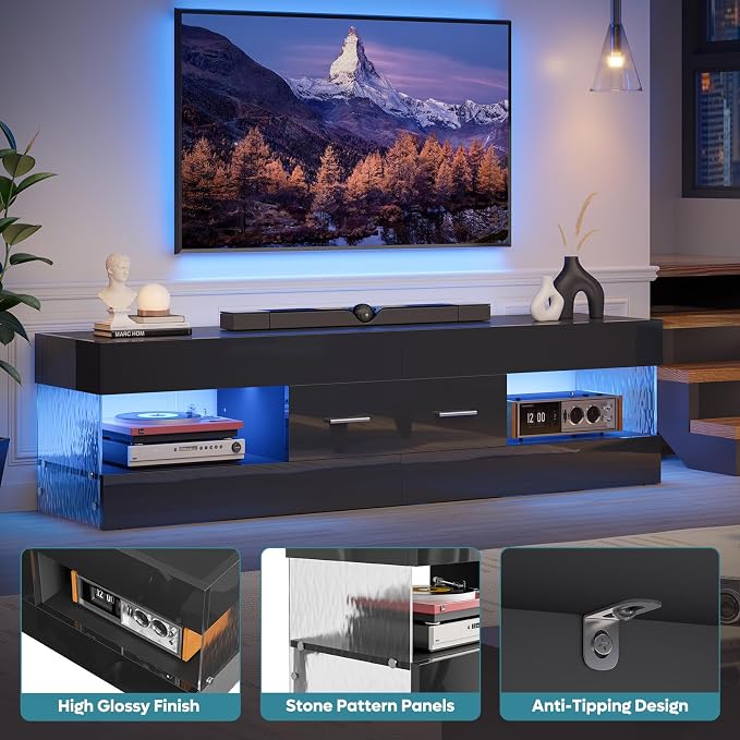 Bestier Black TV Stand for 55/60/65 Inch TV, High Gloss Modern TV Stand with Stone-Patterned Side Panels, LED Entertainment Center with Large Drawer, TV Consoles for Living Room, Bedroom