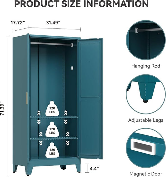 Baborokic Metal Armoire Wardrobe Closet with Hanging Rod,71H Metal Cabinet with Doors and Shelves,Bedroom Armoire Closet Organizers,Storage Cabinets for Bedroom,Office,Laundry Room(Blue)