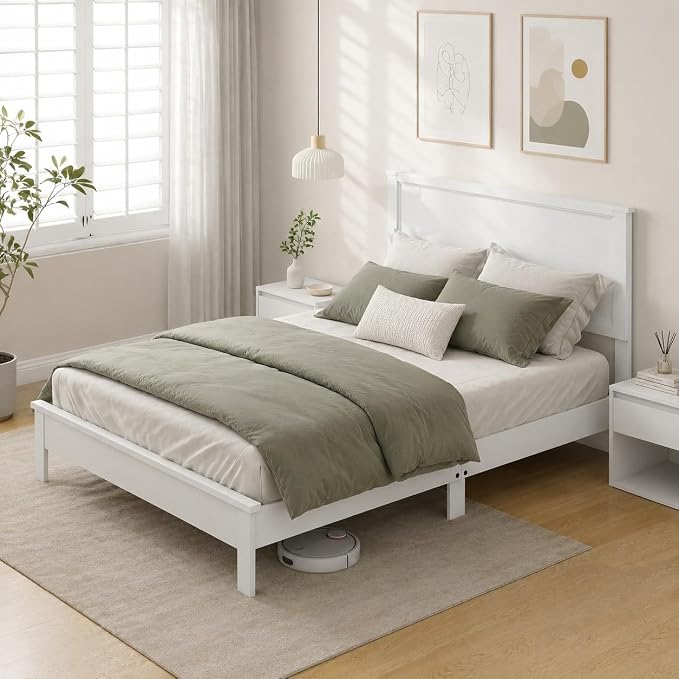 Wood Bed Frames with Headboard, Mid Century Bed Frame with Solid Wood Legs & Wooden Slat Support, Mattress Foundation Bed Base, No Box Spring Needed, (White, Full)