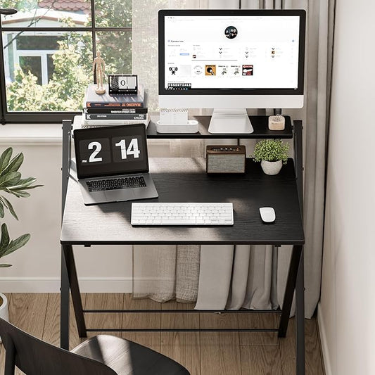 DUMOS Small Folding Desk with Shelf, No-Assembly Foldable Computer Desk for Tight Spaces, Portable Table for Bedroom, Home Office, Dorm or Apartment, Ink