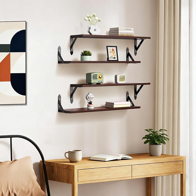 ROMGUAR CRAFT Wood Floating Shelves Set of 4, Rustic Storage Decor Wall Shelves, Wall Mounted Shelf for Living Room, Bedroom 23.6" x 6", Brown