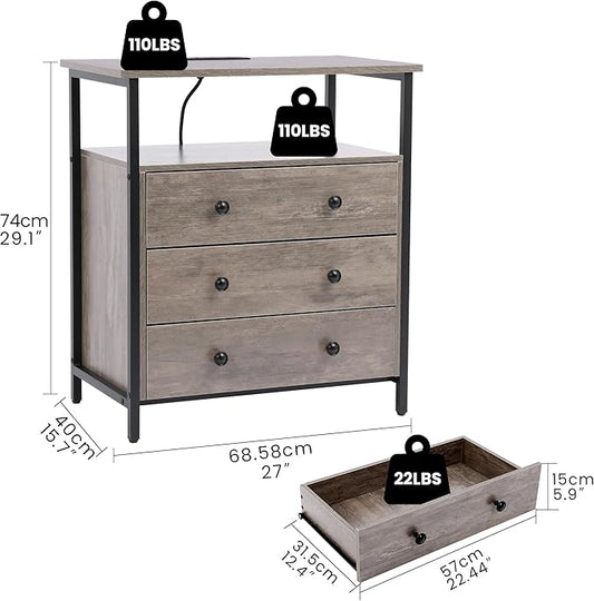Edbuosy 3 Wooden Drawers Night Stand, 27 Inch Wide Nightstand with Charging Station and Adjustable Drawers, Small Dresser for Closet, Bedside Table for Living Room/Bedroom/Office, Rustic Gray