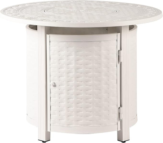 Oakland Living Round 34 in. x 34 in. Aluminum Propane Fire Pit Table with Glass Beads, Two Covers, Lid, 37,000 BTUs in White Finish