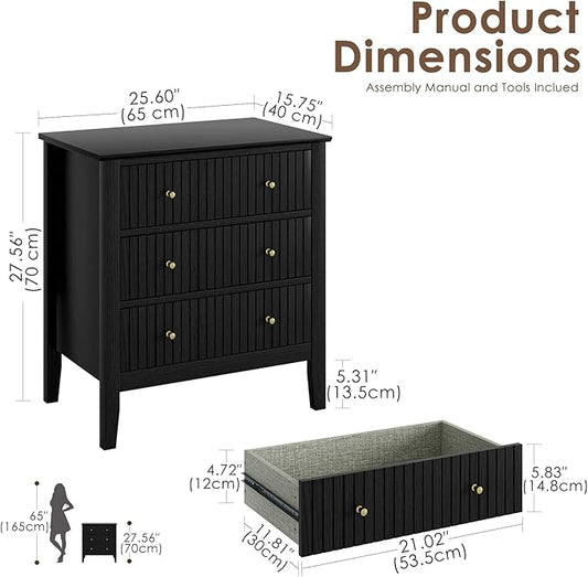 Night Stand, Fluted 3 Drawer Wide Farmhouse Nightstand with Gold Handle, Modern Wooden Bedside End Table for Bedroom, Living Room, Black