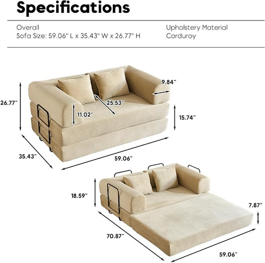 ZEIINPA 59“ Convertible Floor Sofa Bed, 5-in-1 Futon Sofa Bed Pull Out Sleeper Couch, Modern Corduroy Compressed Loveseat, Modular Boneless Couches for Living Room, No Assembly Required, Beige