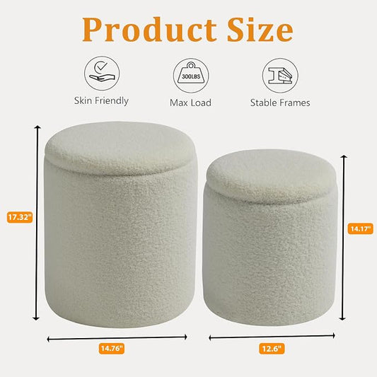 BLEXA Round Ottoman with Storage Set of 2-Upholstered Sherpa Vanity Stool for Makeup Multifunctional Ottomans Coffee Table Padded Seat Foot Rest for LivingRoom&Bedroom(Sherpa White)