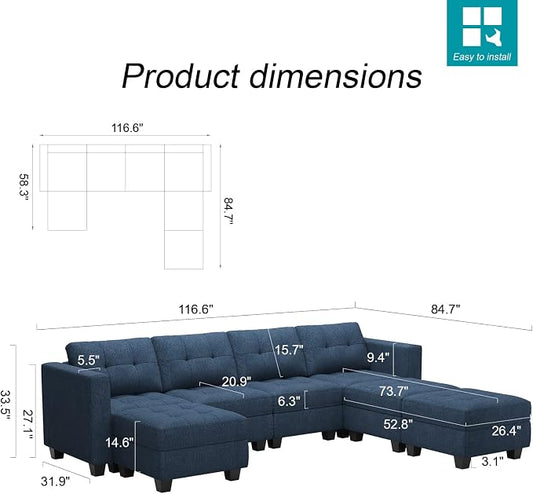 Belffin Modular Storage U-Shape Sectional Sofa Couch with Reversible Chaises 7-seat Sofa with Storage Seat Modular Sectional Sofa Set with Ottomans Modern Fabric Blue