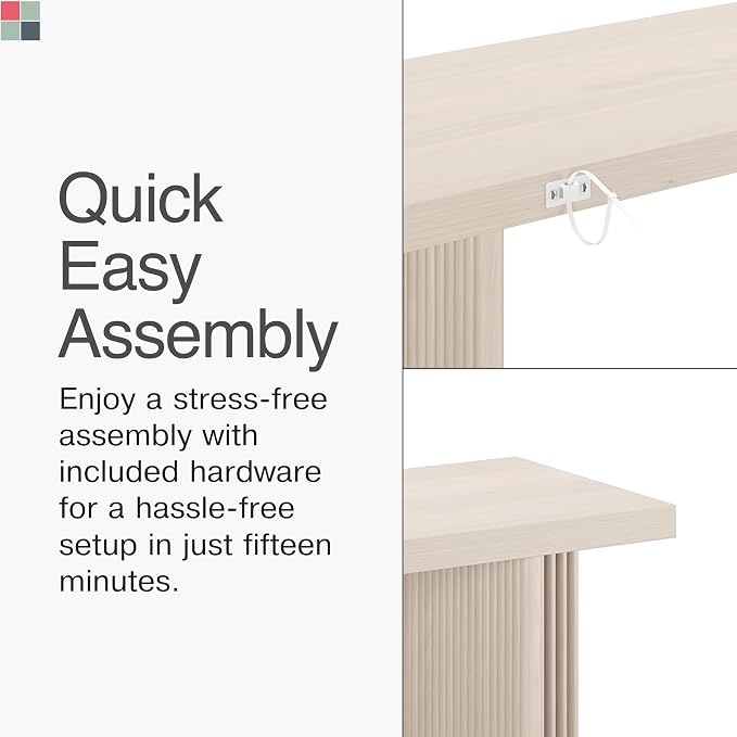 Stead Fluted Console Table – Weathered White Solid Wood Entryway Table with Oak Grain Veneer, Curved Base & Adjustable Feet – Modern Farmhouse Fluted Console Table for Hallway or Living Room.