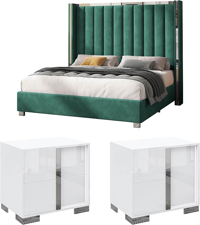 AMERLIFE 3-Piece Modern Bedroom Set King – Green Upholstered Bed Frame with 58" Wingback Headboard and 2 White Nightstands