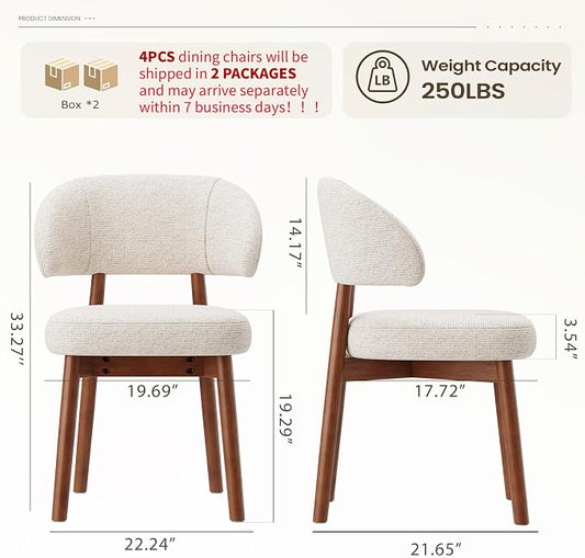 MALOL Wooden Dining Chairs Set of 4, Modern Upholstered Dining Room Chair, Fabric Kitchen Side Chairs with Curved Open Back for Living Room/Restaurant/Cafe, Beige